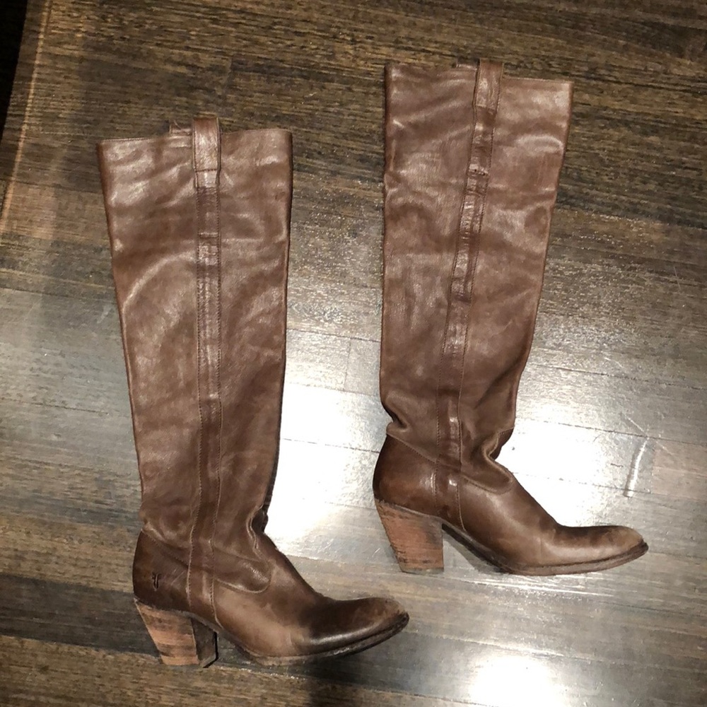 Light brown, over-the-knee Frye boots